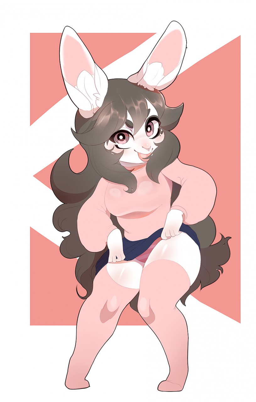 anthro blush clothed clothing female higgyy lagomorph looking_at_viewer mammal rabbit smile solo standing teasing thick_thighs tongue tongue_out
