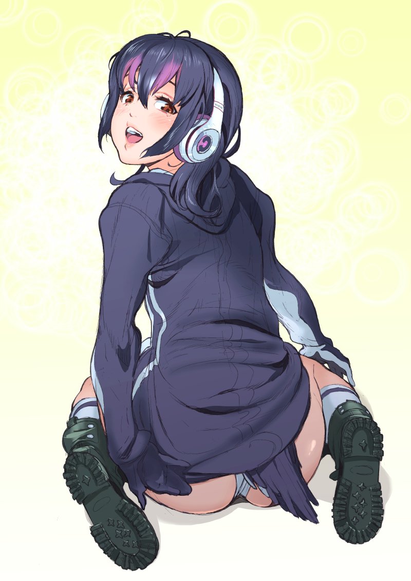 black_hair blush boots brown_eyes gradient_hair headphones hood hoodie hoshi_kubi humboldt_penguin_(kemono_friends) kemono_friends kneehighs looking_at_viewer looking_back multicolored_hair open_mouth panties penguin_tail purple_hair shadow short_hair simple_background sitting solo tail underwear wariza white_legwear white_panties