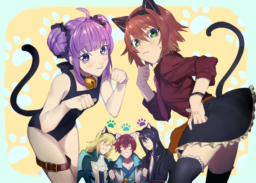 3boys :d animal_ears apron asbel_lhant bell bell_collar belt black_legwear blonde_hair blush brown_hair cat_ears clenched_hands closed_eyes collar cravat double_bun dress_shirt embarrassed frills long_hair looking_at_viewer looking_back multiple_boys multiple_girls necktie old_school_swimsuit one-piece_swimsuit open_mouth paw_pose paw_print pink_neckwear purple_hair richard_(tales) rita_mordio sachico66 school_swimsuit scrunchie shirt skirt smile sophie_(tales) sweatdrop swimsuit tales_of_(series) tales_of_graces tales_of_vesperia thighhighs waist_apron yuri_lowell