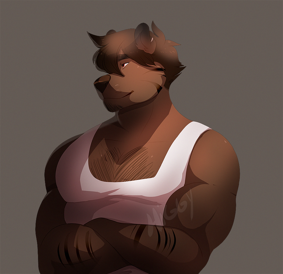 anthro bear body_hair chest_hair clothed clothing crossed_arms fur hair higgyy male mammal muscular shirt solo tank_top