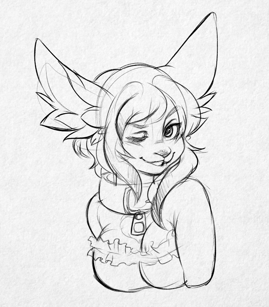 anthro breasts clothed clothing collar female higgyy lagomorph looking_at_viewer mammal monochrome rabbit sketch smile solo
