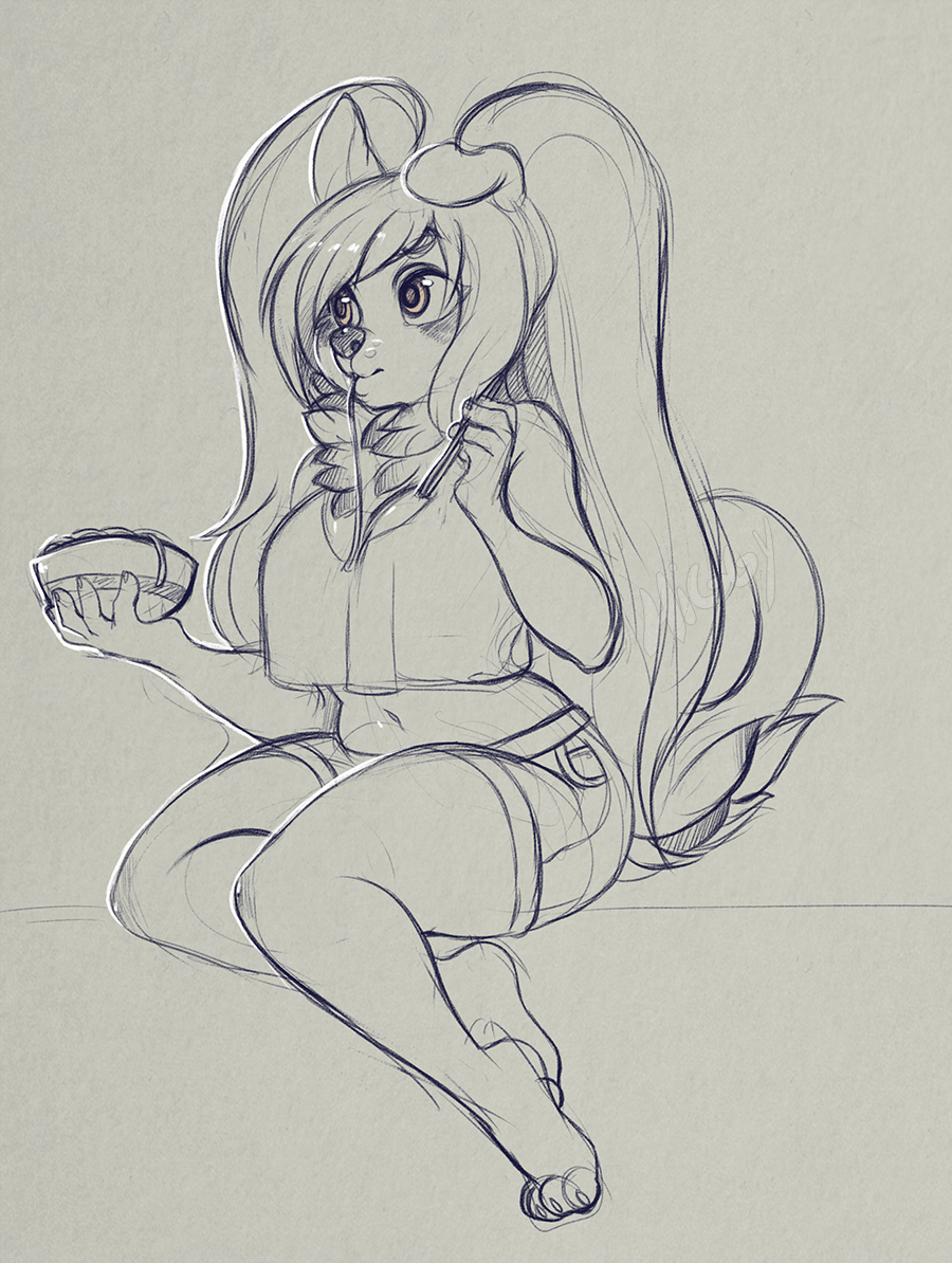 anthro blue_theme canine clothed clothing female food higgyy mammal noodles sitting sketch slightly_chubby smile solo