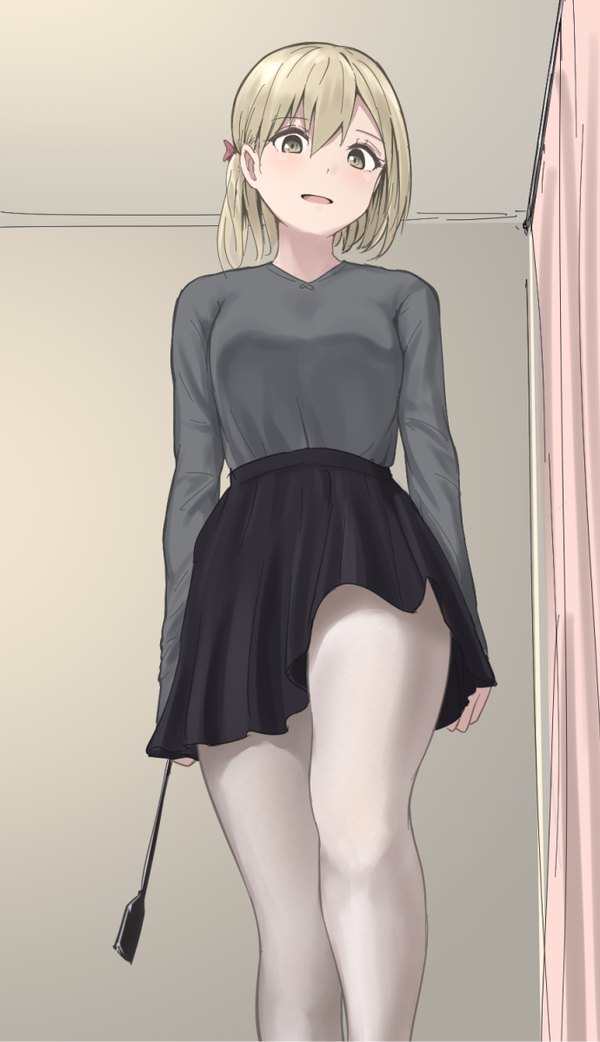 arms_at_sides bad_id bad_twitter_id bangs banned_artist black_skirt blonde_hair blouse breasts commentary_request curtains eyebrows_visible_through_hair grey_blouse hair_between_eyes high-waist_skirt holding indoors knee_up looking_at_viewer medium_breasts minagiku open_mouth original pantyhose riding_crop sakuragi_minako skirt smile solo thighs v-neck white_legwear