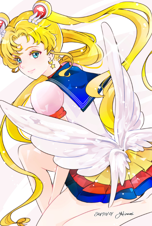 artist_name bangs bare_legs bishoujo_senshi_sailor_moon blonde_hair blue_eyes blue_sailor_collar closed_mouth colored_eyelashes crescent dated double_bun dutch_angle earrings eternal_sailor_moon facial_mark forehead_mark hair_ornament hairclip jewelry light_smile long_hair multicolored multicolored_clothes multicolored_skirt parted_bangs sailor_collar sailor_moon sailor_senshi_uniform signature skirt tsukino_usagi twintails very_long_hair white_wings wings yukinami_(paru26i)
