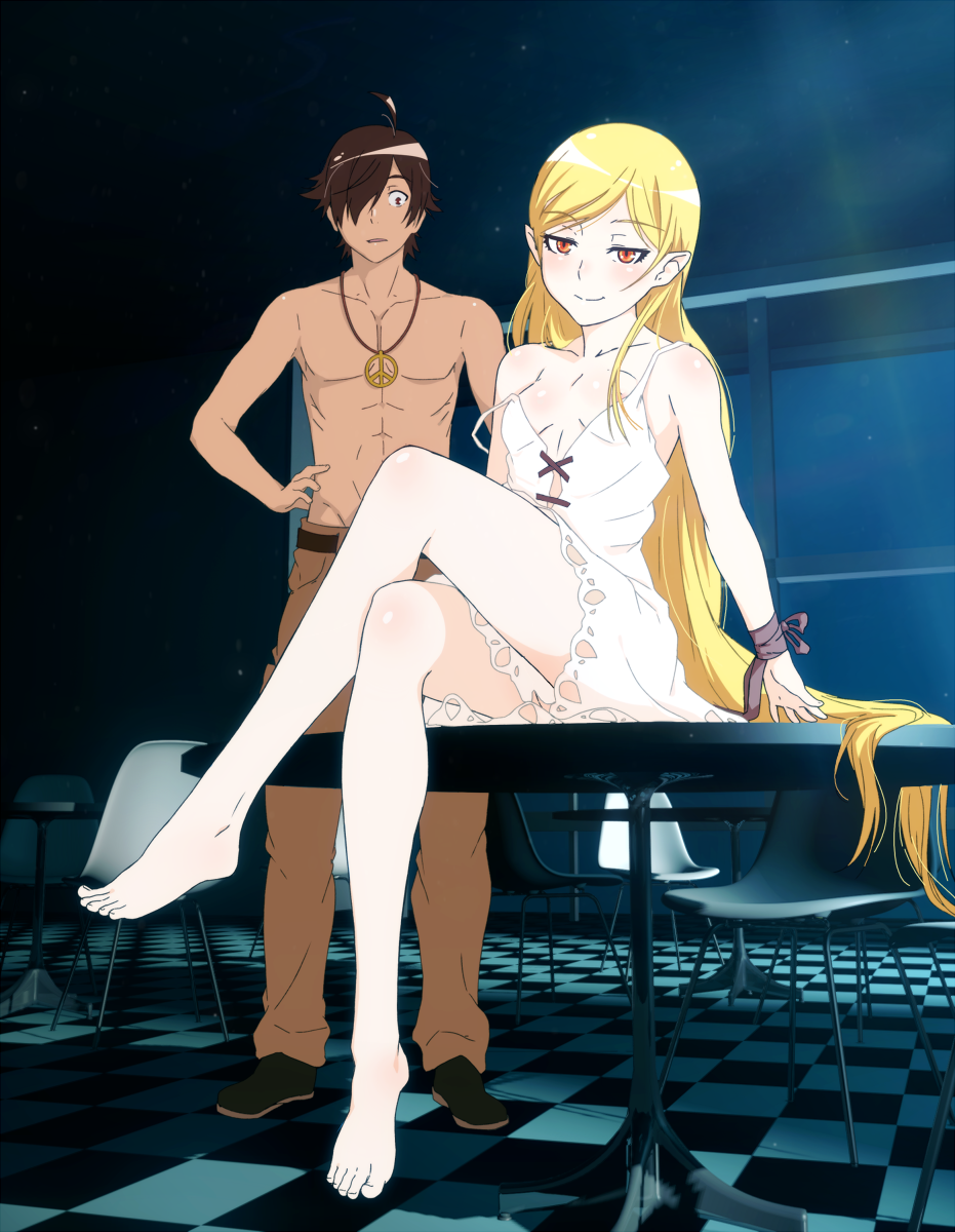 1girl abs ahoge araragi_koyomi barefoot belt black_hair blonde_hair breasts chair checkered checkered_floor cleavage dark_skin dark_skinned_male dress feet hair_over_one_eye highres jewelry kizumonogatari legs long_hair looking_at_another looking_at_viewer monogatari_(series) necklace nipple_slip nipples oshino_shinobu pale_skin pants pointy_ears red_eyes sbel02 shirtless sitting sitting_on_table small_breasts strap_slip toned toned_male topless very_long_hair white_dress