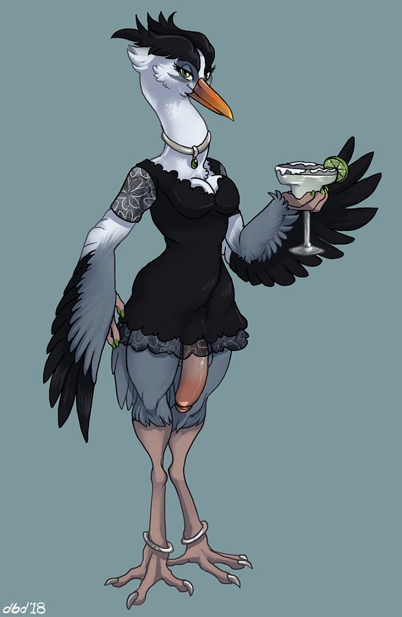 anthro avian beak beverage bird clothed clothing dbd dickgirl flaccid heron humanoid_penis intersex looking_at_viewer penis solo standing wide_hips