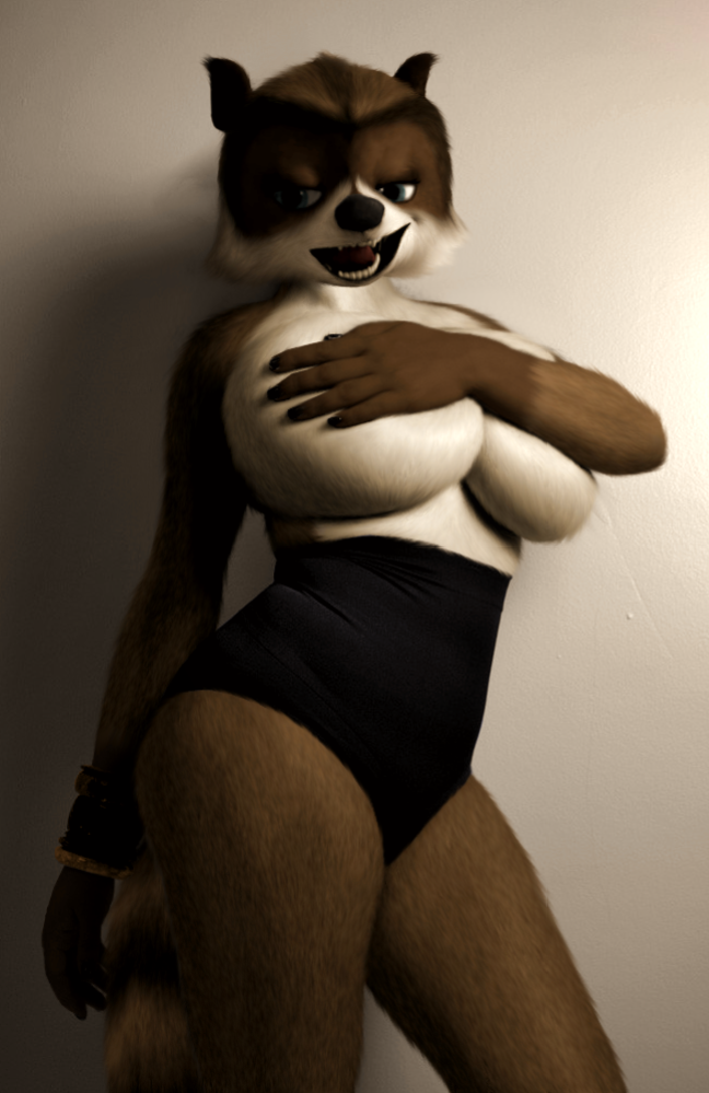 anthro anthrofied big_breasts blue_eyes breasts brown_fur crossgender dreamworks edit female fur mammal over_the_hedge oystercatcher7 photo_manipulation photomorph raccoon rj_(over_the_hedge) solo voluptuous