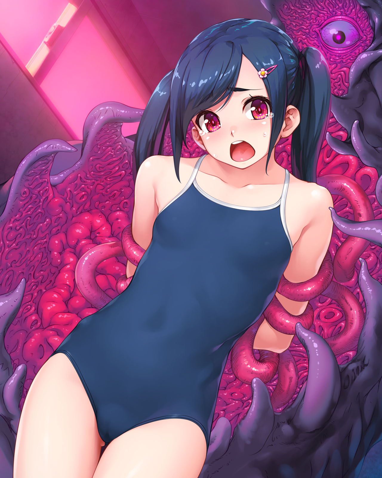 1girl arms_behind_back black_hair commentary_request hair_ornament hairclip highres looking_at_viewer monster one-piece_swimsuit open_mouth original purple_eyes restrained scared school_swimsuit solo swimsuit tears tentacle twintails wacchi wide-eyed