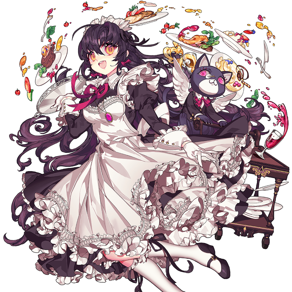 :d ahoge animal_ears apron black_cat black_hair bow bowtie cat cat_ears dress floating floating_object food frilled_dress frills gloves hair_between_eyes hair_bow holding holding_tray jewelry juliet_sleeves kneehighs long_hair long_sleeves looking_at_viewer maid maid_apron maid_headdress mary_janes monocle necklace official_art open_mouth pendant pika_(kai9464) pink_eyes puffy_sleeves round_teeth serving_cart shirt shoes sleeve_cuffs smile solo spill teeth transparent_background tray uchi_no_hime-sama_ga_ichiban_kawaii very_long_hair white_gloves white_legwear wings yellow_eyes yumemi_(uchi_no_hime-sama)