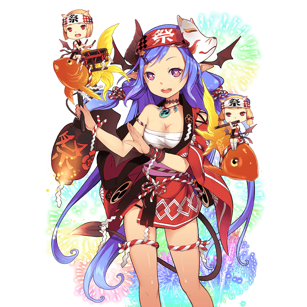 aoi_tsunami blonde_hair blue_hair charmy_(uchi_no_hime-sama) choker demon_girl demon_horns demon_tail demon_wings fireworks fish head_wings heart heart-shaped_pupils holding horns jewelry long_hair looking_at_viewer mask mask_on_head multiple_girls necklace official_art open_mouth pointy_ears red_eyes riding round_teeth side_slit symbol-shaped_pupils tail teeth thigh_strap transparent_background uchi_no_hime-sama_ga_ichiban_kawaii wings wristband