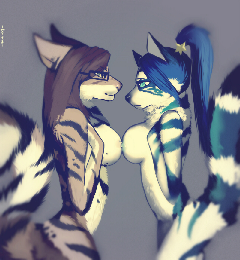 angiewolf blue_eyes blue_hair breasts brown_hair canine duo eyelashes eyewear female fur glasses grey_background hair mammal nipples simple_background smile striped_fur stripes