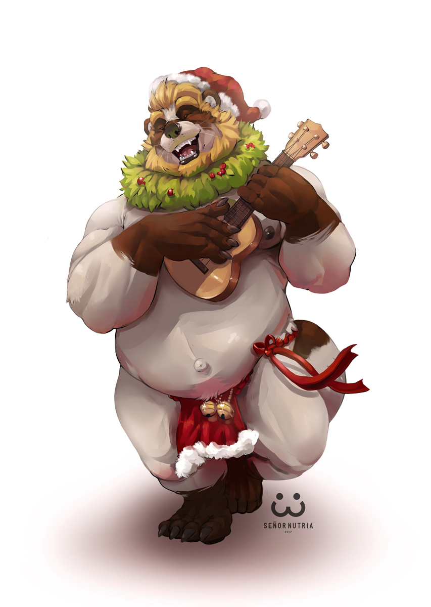 2017 anthro belly canine christmas clothing colson eyes_closed holidays humanoid_hands male mammal moobs nipples overweight overweight_male simple_background skrawl solo tanuki underwear white_background