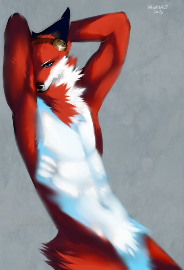 2015 angiewolf anthro armpits black_nose blue_eyes canine fox fur male mammal nude orange_fur solo white_fur