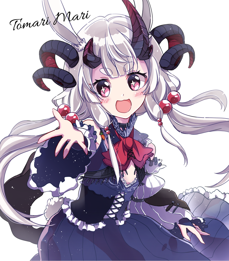 1girl animal_ears bangs black_choker blue_dress blunt_bangs blush bunny_ears choker corset cosplay cowboy_shot curled_horns demon_horns detached_sleeves dress flat_chest hair_between_eyes horns long_hair looking_at_viewer magrona magrona_(cosplay) magrona_channel milluun open_mouth outstretched_hand pink_eyes short_eyebrows smile solo star star-shaped_pupils symbol-shaped_pupils thick_eyebrows tomari_mari tomari_mari_channel virtual_youtuber white_hair