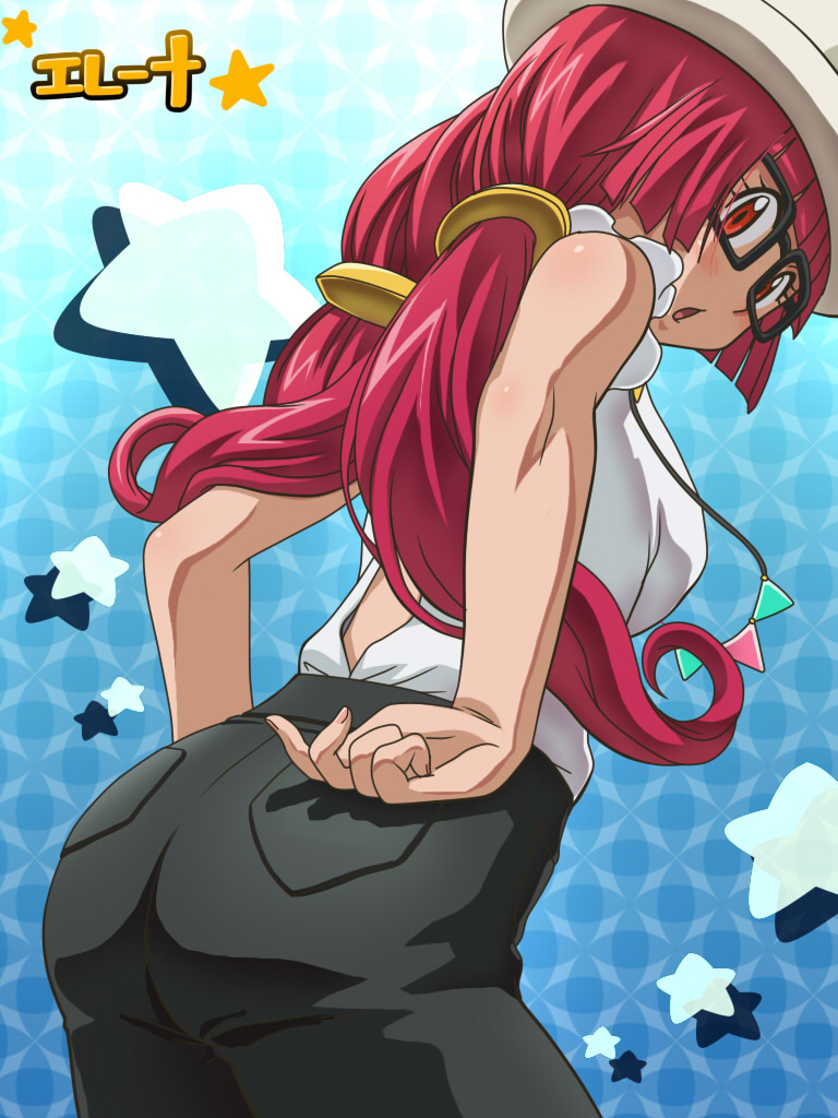 1girl :o alternate_costume alternate_hairstyle ass awa bare_shoulders black_pants blush breasts elle_(pokemon) from_behind glasses hat highres long_hair looking_back low_twintails open_mouth pants pink_hair pokemon pokemon_(anime) red_eyes sleeveless sleeveless_shirt twintails