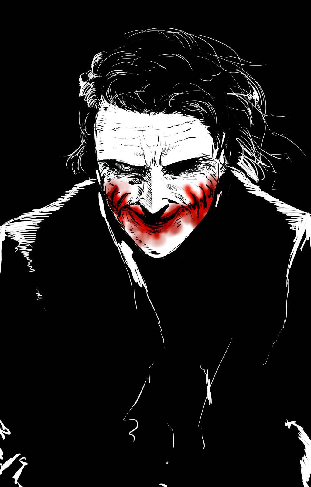 batman_(series) black_background formal glasgow_smile grin highres itosiki_zetu kubrick_stare looking_at_viewer male_focus monochrome simple_background sketch smile solo spot_color stitched_mouth stitches suit the_joker upper_body