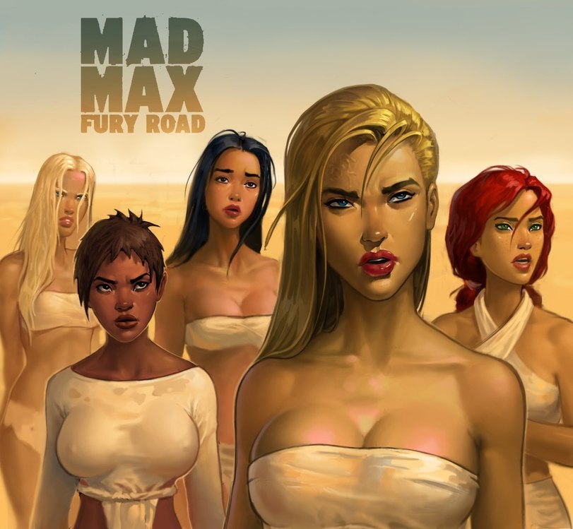 5girls black_hair blonde_hair blue_eyes brown_hair cleavage green_eyes mad_max multiple_girls nipples red_hair