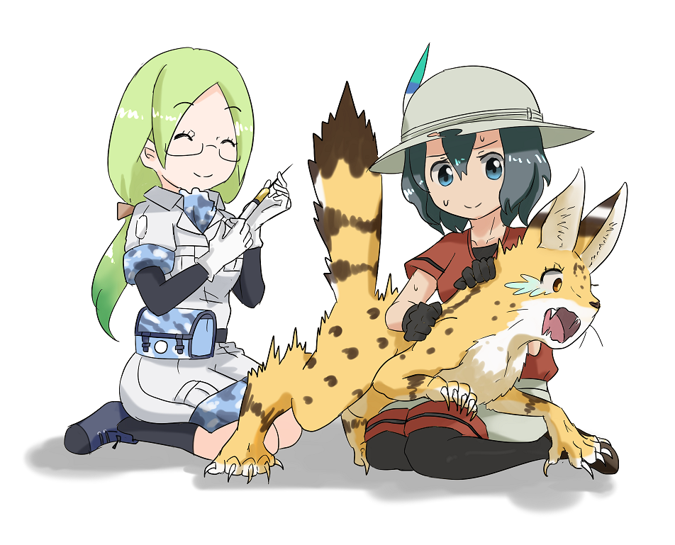 ^_^ animal animalization ankle_boots black_gloves black_hair black_legwear blue_eyes boots camouflage camouflage_bag claws closed_eyes commentary fang glasses gloves green_hair hat hat_feather holding holding_syringe injection kaban_(kemono_friends) kemono_friends kneehighs mirai_(kemono_friends) multiple_girls pantyhose ponytail raya_(yuri15923) rubber_gloves scared seiza serval serval_(kemono_friends) short_hair shorts simple_background sitting smile sweatdrop syringe tears truth wariza white_background white_gloves