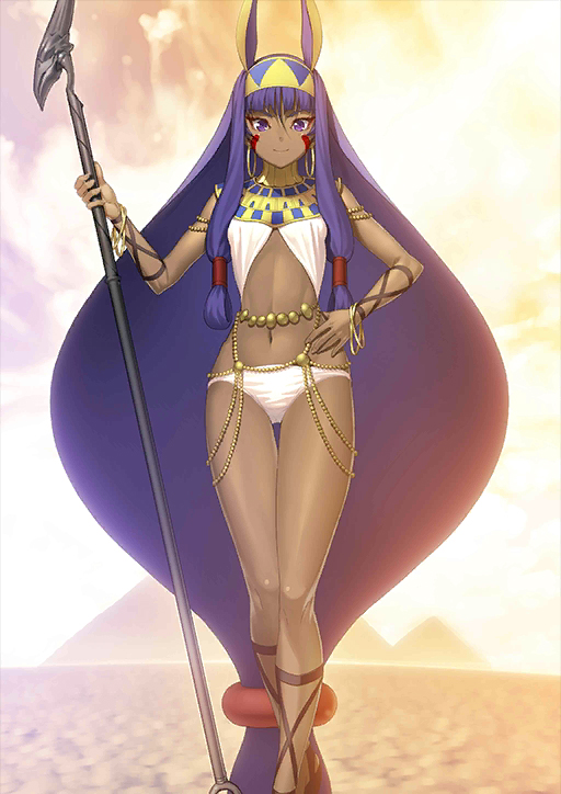 absurdly_long_hair animal_ears breasts dark_skin earrings fate/grand_order fate_(series) hair_between_eyes hand_on_hip headband holding holding_staff jackal_ears jewelry long_hair looking_at_viewer low-tied_long_hair midriff navel nitocris_(fate/grand_order) official_art panties purple_eyes purple_hair shima_udon sleeveless small_breasts smile solo staff standing stomach underwear very_long_hair white_panties