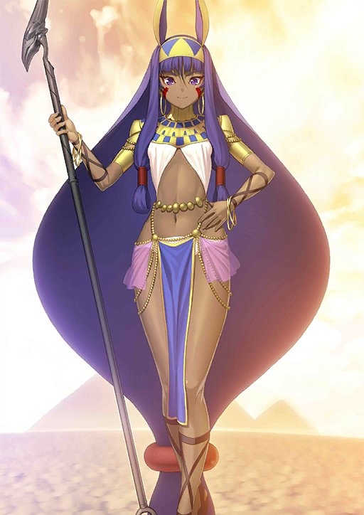 absurdly_long_hair animal_ears breasts dark_skin earrings fate/grand_order fate_(series) hair_between_eyes hand_on_hip headband holding holding_staff jackal_ears jewelry long_hair looking_at_viewer low-tied_long_hair midriff navel nitocris_(fate/grand_order) official_art purple_eyes purple_hair shima_udon sleeveless small_breasts smile solo staff standing stomach underwear very_long_hair