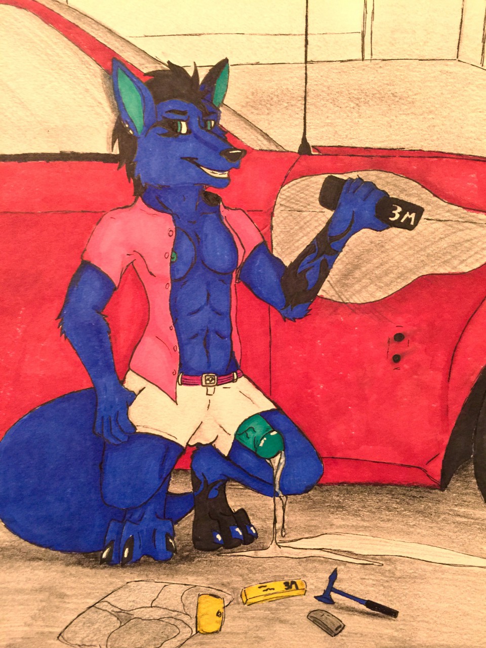 anthro big_penis blue_fur bossman1969 breasts car cleavage clothed clothing cum erection excessive_pre_cum fur green_penis herm intersex kangaroo kneeling leaking looking_at_viewer mammal marsupial penis poking_out precum traditional_media_(artwork) vehicle