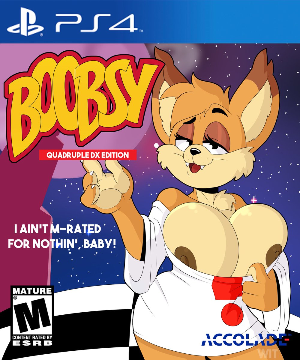 areola bedroom_eyes bobcat breasts bubsy bubsy_(series) clothing crossgender esrb felid feline game_case game_cover half-closed_eyes lynx mammal nipples playstation presenting presenting_breasts presenting_nipples seductive shirt sony video_games wit