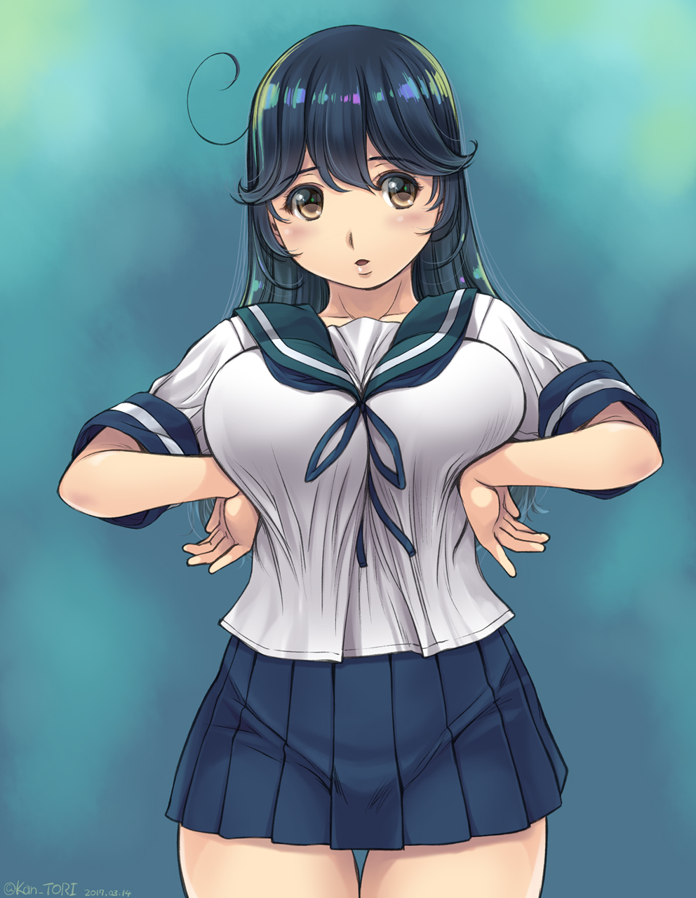 black_hair blush breast_squeeze breasts brown_eyes commentary_request cowboy_shot highres kantai_collection kantori large_breasts long_hair looking_at_viewer open_mouth plump school_uniform serafuku solo thighs ushio_(kantai_collection)
