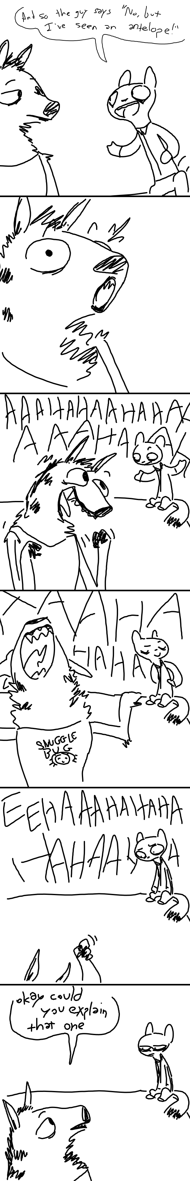 anthro black_and_white comic dialogue disney duo ermine fan_character fur hi_res hyena laugh male mammal marty_(weaver) monochrome mustelid ozzy_(weaver) pack_street sitting size_difference sofa speech_bubble text the_weaver zootopia