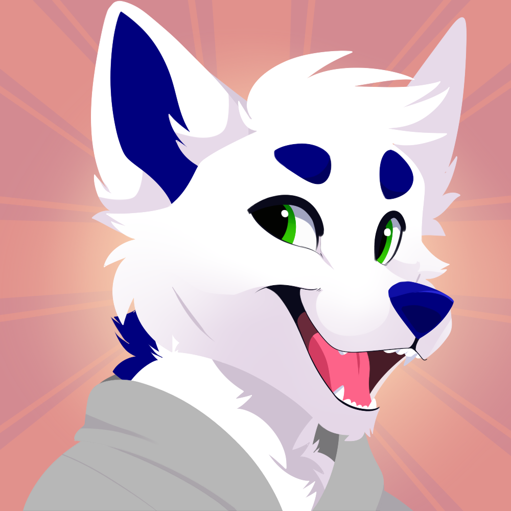 2019 anthro blue_eyebrows blue_fur blue_nose bust_portrait canid canine canis clothed clothing digital_media_(artwork) domestic_dog eyebrows feve front_view fur green_eyes grey_clothing grey_topwear head_tuft looking_at_viewer male mammal multicolored_fur open_mouth pink_background pink_tongue portrait simple_background smile solo tongue two_tone_fur white_fur