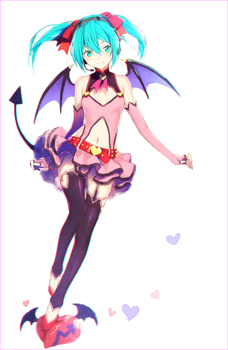 aqua_eyes aqua_hair bad_id bad_pixiv_id belt breasts cleavage demon_girl demon_tail demon_wings eyelashes hair_ornament hakusai_(tiahszld) hatsune_miku heart heart_hunter_(module) high_heels holster looking_at_viewer navel project_diva project_diva_(series) skirt small_breasts smile solo tail thigh_holster thighhighs twintails vocaloid white_background wings