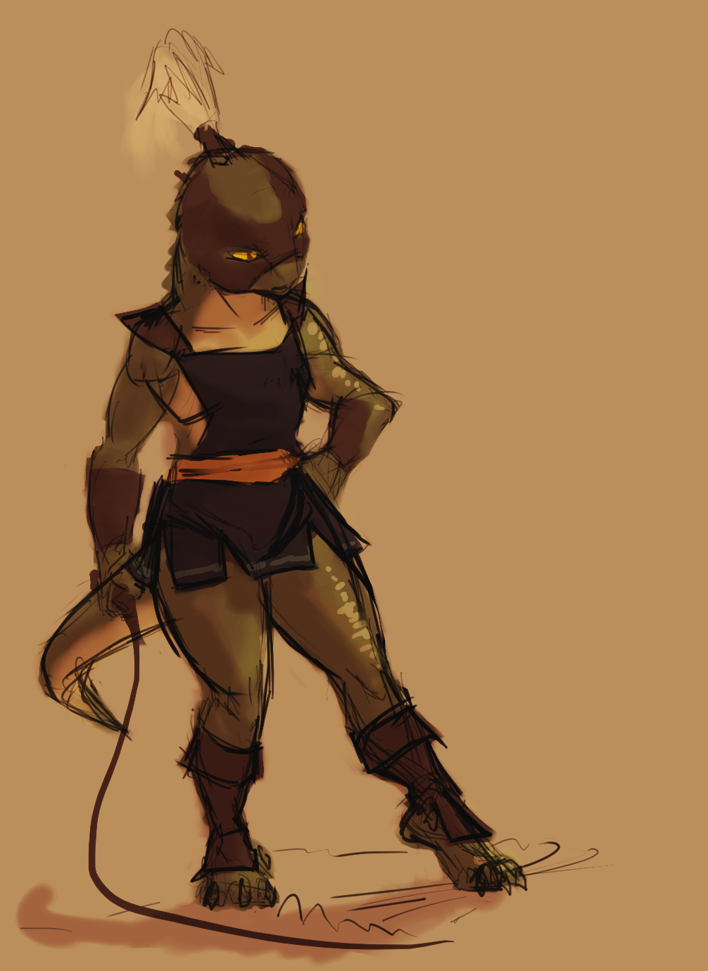 alien anthro armor big_thighs bracers clothed clothing crocodilian dress feathers female greenpolygon lizard_girl mask muscular reptile reptoid scalie shadow short_dress solo toes whip yellow_eyes