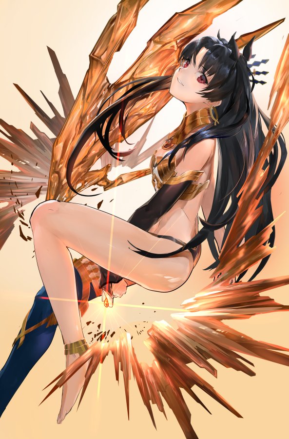 armlet bare_shoulders black_hair crown diffraction_spikes earrings fate/grand_order fate_(series) hair_ribbon hoop_earrings ishtar_(fate/grand_order) jewelry long_hair nuda red_eyes ribbon single_thighhigh solo teeth thighhighs