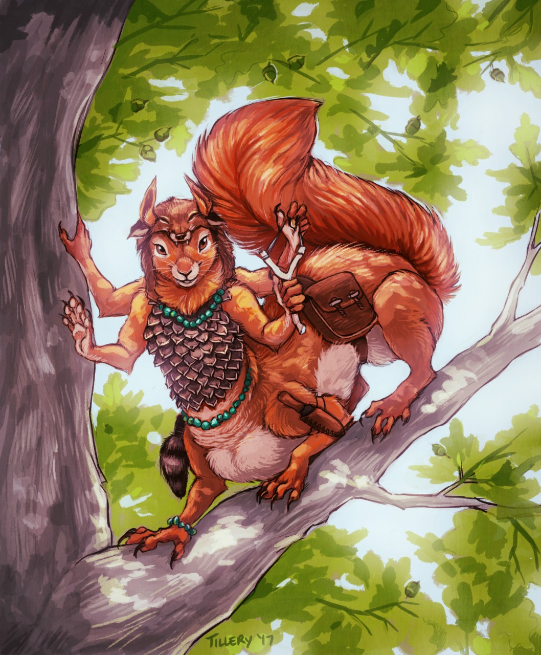 aegis_(j._hyena) anthro cyaneus fantasy forest fur mammal micro multi_arm multi_limb ranged_weapon red_fur rodent slingshot squirrel taur tree warrior weapon
