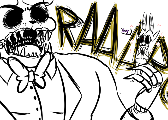 2015 animatronic anthro bear bonnie_(fnaf) bow_tie dialogue duo english_text five_nights_at_freddy's golden_freddy_(fnaf) inkyfrog lagomorph machine male mammal open_mouth rabbit restricted_palette roaring robot sharp_teeth simple_background sparkle teeth text video_games white_background