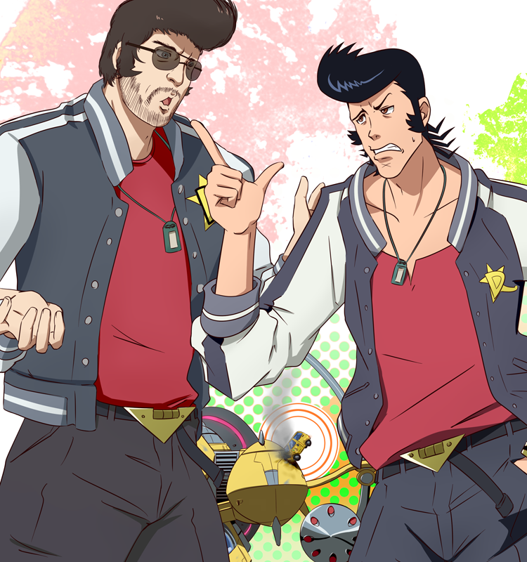 badge belt black_hair black_pants brown_eyes crash dandy_(space_dandy) dog_tags eye_contact facial_hair gudon_(iukhzl) jacket jewelry looking_at_another male_focus multiple_boys mustache necklace open_mouth pants pointing pompadour space_craft space_dandy standing sunglasses sweatdrop