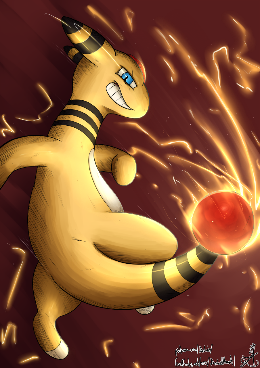 2017 ampharos asbel_lhant attack ball electricity gem grin invalid_tag looking_at_viewer nintendo pok&eacute;mon pose simple_background smile solo video_games