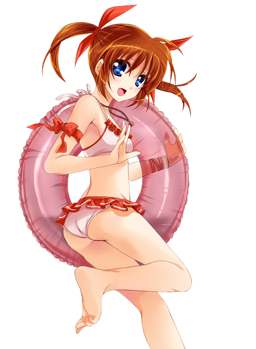 :d arm_ribbon ass barefoot bikini bikini_skirt blue_eyes bow breasts brown_hair extraction hair_bow hair_ribbon innertube leg_up long_hair looking_at_viewer lyrical_nanoha open_mouth pink_bikini red_ribbon ribbon small_breasts smile solo standing swimsuit takamachi_nanoha transparent transparent_background twintails