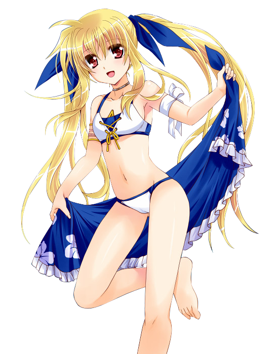 :d arm_ribbon armlet barefoot bikini blonde_hair blue_ribbon breasts cameltoe collarbone extraction eyebrows_visible_through_hair fate_testarossa floating_hair groin hair_between_eyes hair_ribbon holding leg_up long_hair looking_at_viewer lyrical_nanoha navel open_mouth red_eyes ribbon sideboob small_breasts smile solo standing swimsuit transparent_background twintails very_long_hair white_bikini white_ribbon