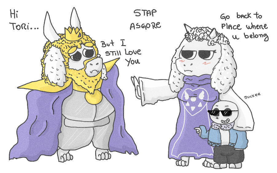 2016 anthro asgore_dreemurr caprine clothed clothing cute digital_media_(artwork) english_text eyewear female fully_clothed fur glasses goat group heathecliff horn hug humor male mammal monster sans_(undertale) short_haird smile standing text toony toriel undertale video_games white_fur