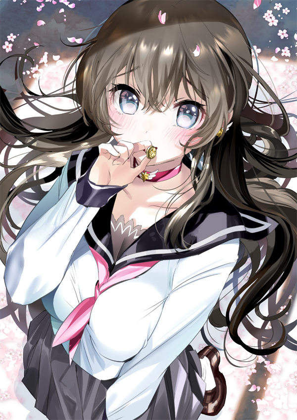 arms_at_sides bangs between_breasts black_skirt blue_eyes blush breasts brown_hair cherry_blossoms collar collarbone commentary_request day from_above hand_up holding kanojo_(ogino_atsuki) large_breasts long_hair looking_at_viewer neckerchief ogino_atsuki open_mouth original outdoors petals pink_neckwear pleated_skirt school_uniform serafuku skirt smile solo wavy_hair