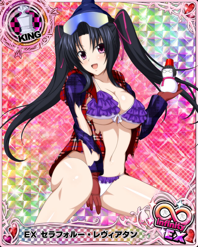 1girl :d bikini bikini_under_clothes black_hair blush breasts card_(medium) character_name chess_piece cleavage gloves goggles goggles_on_head hair_ribbon happy hat high_school_dxd high_school_dxd_infinity king_(chess) large_breasts long_hair looking_at_viewer navel no_pants official_art open_clothes open_mouth pink_eyes plaid plaid_shirt ribbon serafall_leviathan shirt sitting smile snowman solo swimsuit torn_clothes trading_card twintails underboob very_long_hair white_bikini winter_clothes