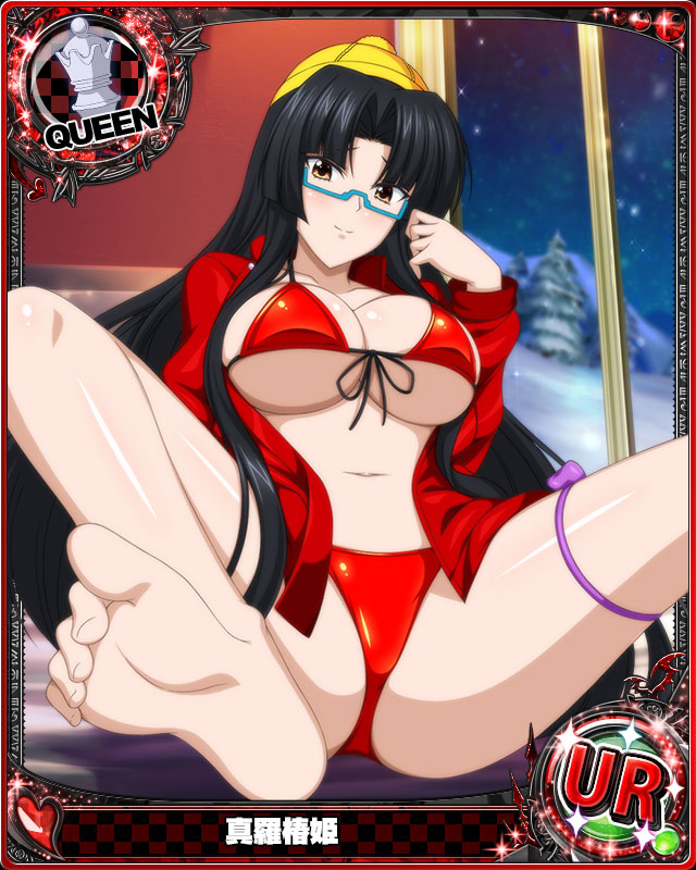 1girl barefoot bikini bikini_under_clothes black_hair blue-framed_eyewear blush bow breasts brown_eyes card_(medium) character_name chess_piece cleavage closed_mouth feet glasses hat high_school_dxd indoors large_breasts long_hair looking_at_viewer navel no_pants official_art open_clothes purple_bow queen_(chess) red_bikini shinra_tsubaki sitting soles solo spread_legs swimsuit toes trading_card underboob very_long_hair winter_clothes