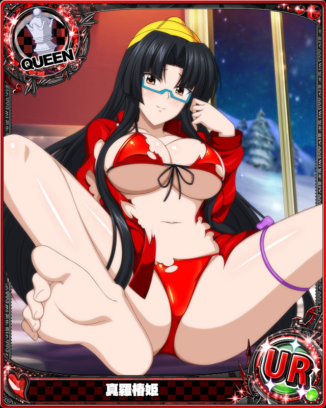 1girl barefoot bikini bikini_under_clothes black_hair blue-framed_eyewear blush bow breasts brown_eyes card_(medium) character_name chess_piece cleavage closed_mouth feet glasses hat high_school_dxd indoors large_breasts long_hair looking_at_viewer navel no_pants official_art open_clothes purple_bow queen_(chess) red_bikini shinra_tsubaki sitting soles solo spread_legs swimsuit toes torn_bikini torn_clothes trading_card underboob very_long_hair winter_clothes