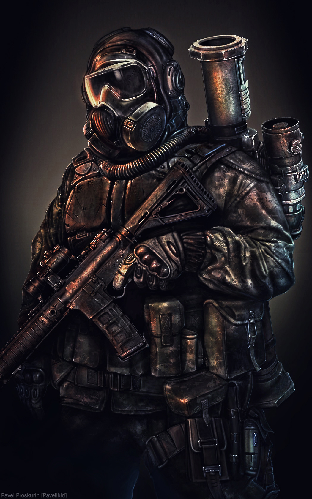 2017 armor assault_rifle clothing gas_mask gun helmet human mammal mask military military_gear not_furry pavellkid_(artist) ranged_weapon rifle rocket_launcher simple_background soldier solo standing uniform weapon