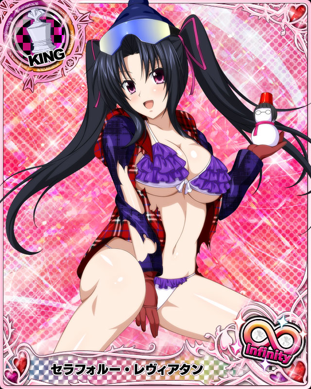 1girl :d bikini bikini_under_clothes black_hair blush breasts card_(medium) character_name chess_piece cleavage gloves goggles goggles_on_head hair_ribbon happy hat high_school_dxd high_school_dxd_infinity king_(chess) large_breasts long_hair looking_at_viewer navel no_pants official_art open_clothes open_mouth pink_eyes plaid plaid_shirt ribbon serafall_leviathan shirt sitting smile snowman solo swimsuit torn_clothes trading_card twintails underboob very_long_hair white_bikini winter_clothes