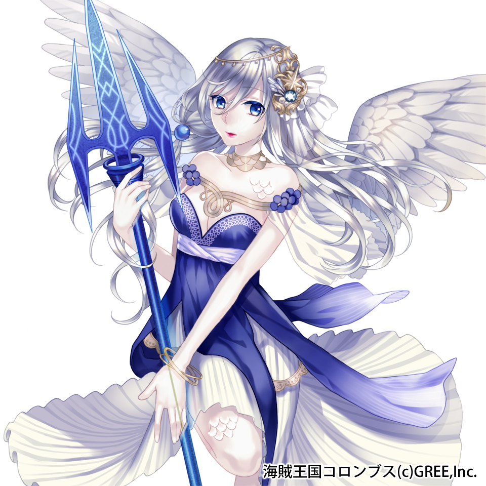 bare_shoulders beads blue_eyes bow breasts choco_holic cleavage commentary_request dress gem hair_beads hair_bow hair_ornament kaizoku_ookoku_koronbusu long_hair looking_at_viewer medium_breasts polearm scales silver_trim solo standing standing_on_one_leg trident watermark weapon white_bow white_hair white_scales white_skin white_wings wings wristband