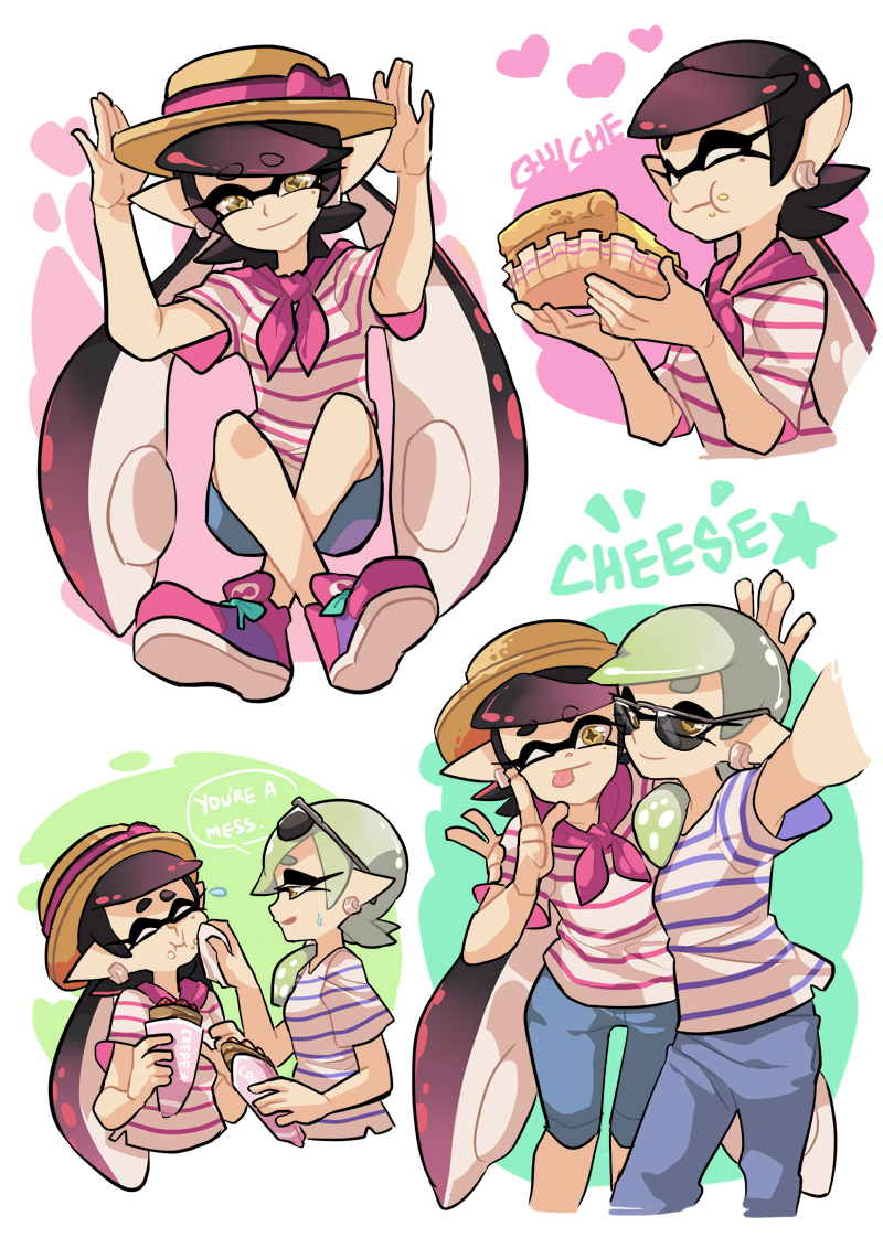 2girls :p aori_(splatoon) bandana blue_pants blue_shorts brown_hat casual cousins cropped_torso domino_mask earrings eating english food food_on_face hands_on_headwear hat holding holding_food hotaru_(splatoon) jewelry long_hair looking_at_viewer mask mole mole_under_eye multiple_girls one_eye_closed pants pink_footwear pointy_ears pose quiche self_shot shirt shoes short_hair short_sleeves shorts smile sneakers splatoon_(series) splatoon_1 striped striped_shirt sunglasses sweatdrop t-shirt tentacle_hair tongue tongue_out wong_ying_chee