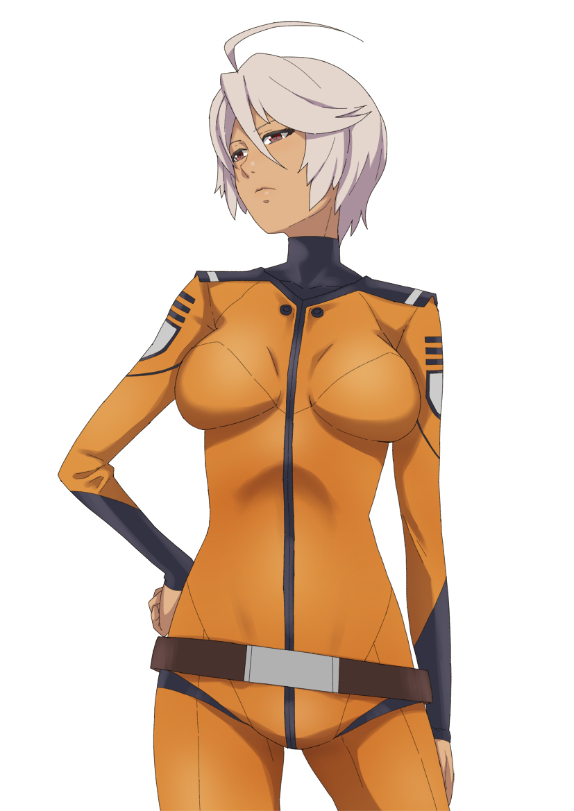 ahoge arm_at_side bangs belt bodysuit breasts breasts_apart clenched_hand closed_mouth commentary_request cowboy_shot dark_skin expressionless frown hair_between_eyes hand_on_hip jack_hamster legs_apart looking_to_the_side loose_belt medium_breasts military military_uniform orange_bodysuit red_eyes short_hair silver_hair simple_background skin_tight solo standing turtleneck uchuu_senkan_yamato uchuu_senkan_yamato_2199 uniform white_background yamamoto_akira