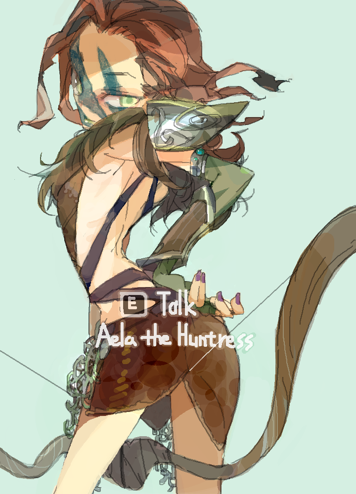 1girl aela_the_huntress amiami back bow brown_hair face_paint female from_behind looking_back pauldrons skirt solo the_elder_scrolls the_elder_scrolls_v:_skyrim weapon