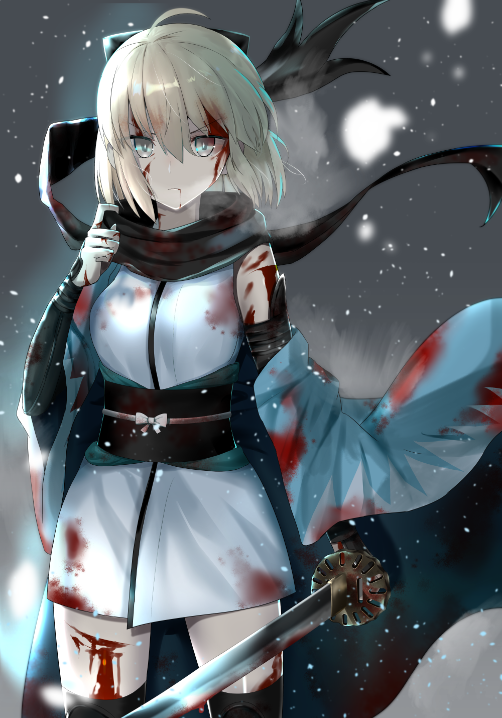 ahoge black_bow black_legwear black_scarf bleeding blonde_hair blood blood_drip blood_from_mouth blood_on_face blood_on_fingers blood_stain bloody_clothes bloody_hands bloody_weapon bow closed_mouth cuts fate_(series) hair_bow highres holding holding_sword holding_weapon injury japanese_clothes katana kimono koha-ace komainu_(yamaha1997) looking_at_viewer okita_souji_(fate) okita_souji_(fate)_(all) sash scarf short_hair short_kimono snowing solo sword thighhighs weapon wind yellow_eyes